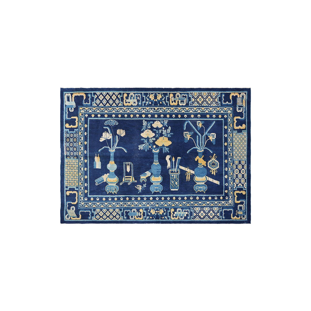 Unique 5x8 vintage Peking Chinese pictorial rug with blue and ivory vase motif from a trusted dealer with over 45 years of experience.