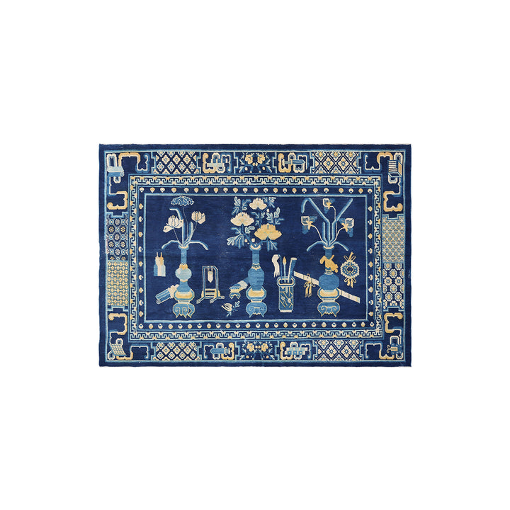 Unique 5x8 vintage Peking Chinese pictorial rug with blue and ivory vase motif from a trusted dealer with over 45 years of experience.