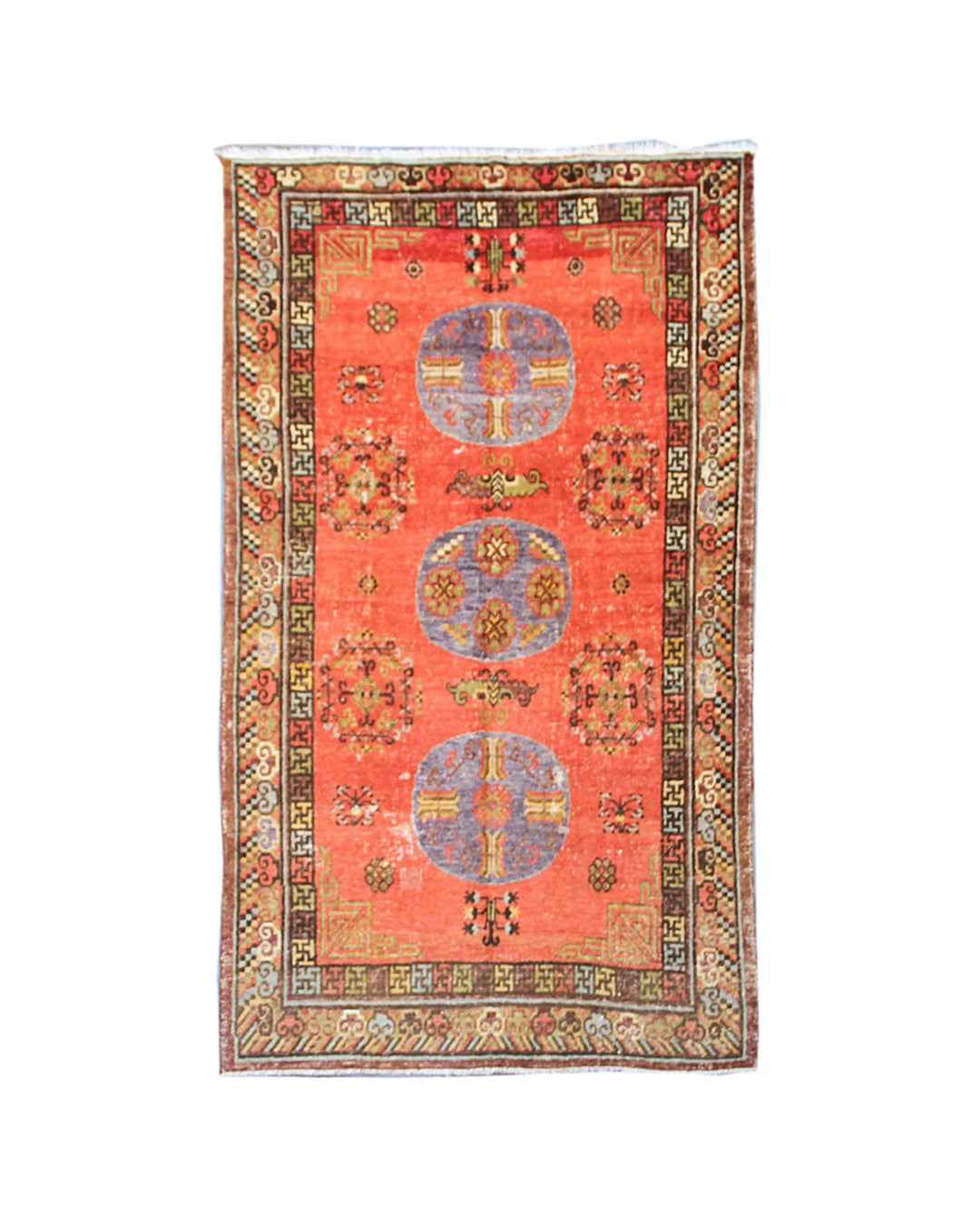 Unique 5x8 vintage Samarkand hand-knotted wool area rug featuring three purple-grey medallions on a rich orange field by Ariana Rugs.
