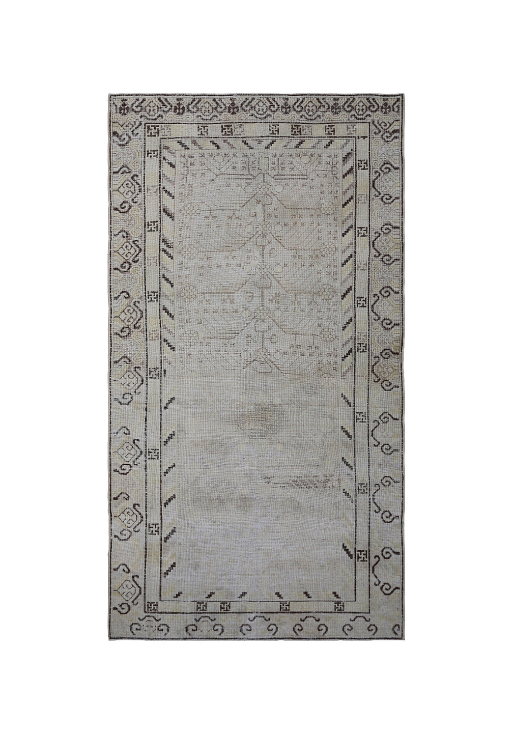 Vintage Samarkand Khotan area rug curated by Ariana Rugs featuring a delicate pomegranate design in soft blue and brown tones