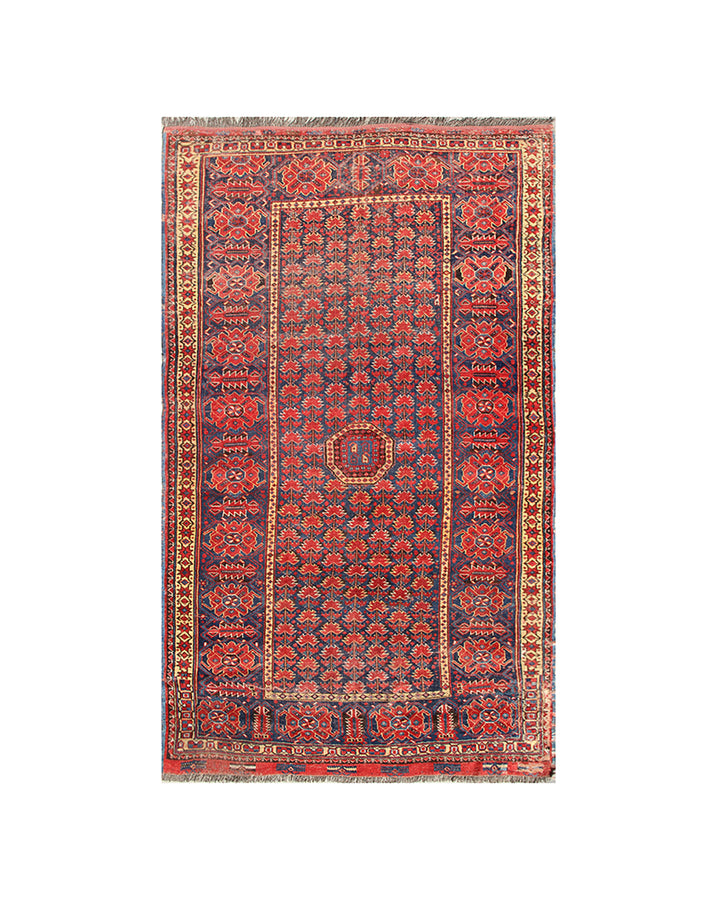 Unique 5x9 antique Ersari Afghan Bashir rug on rare blue background from a trusted dealer with over 45 years of experience.