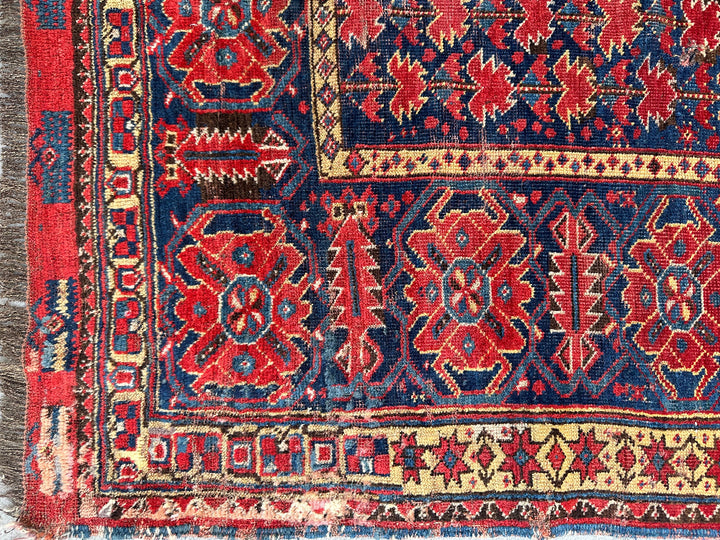 Close-up of a colorful patterned rug with red, blue, and beige colors.