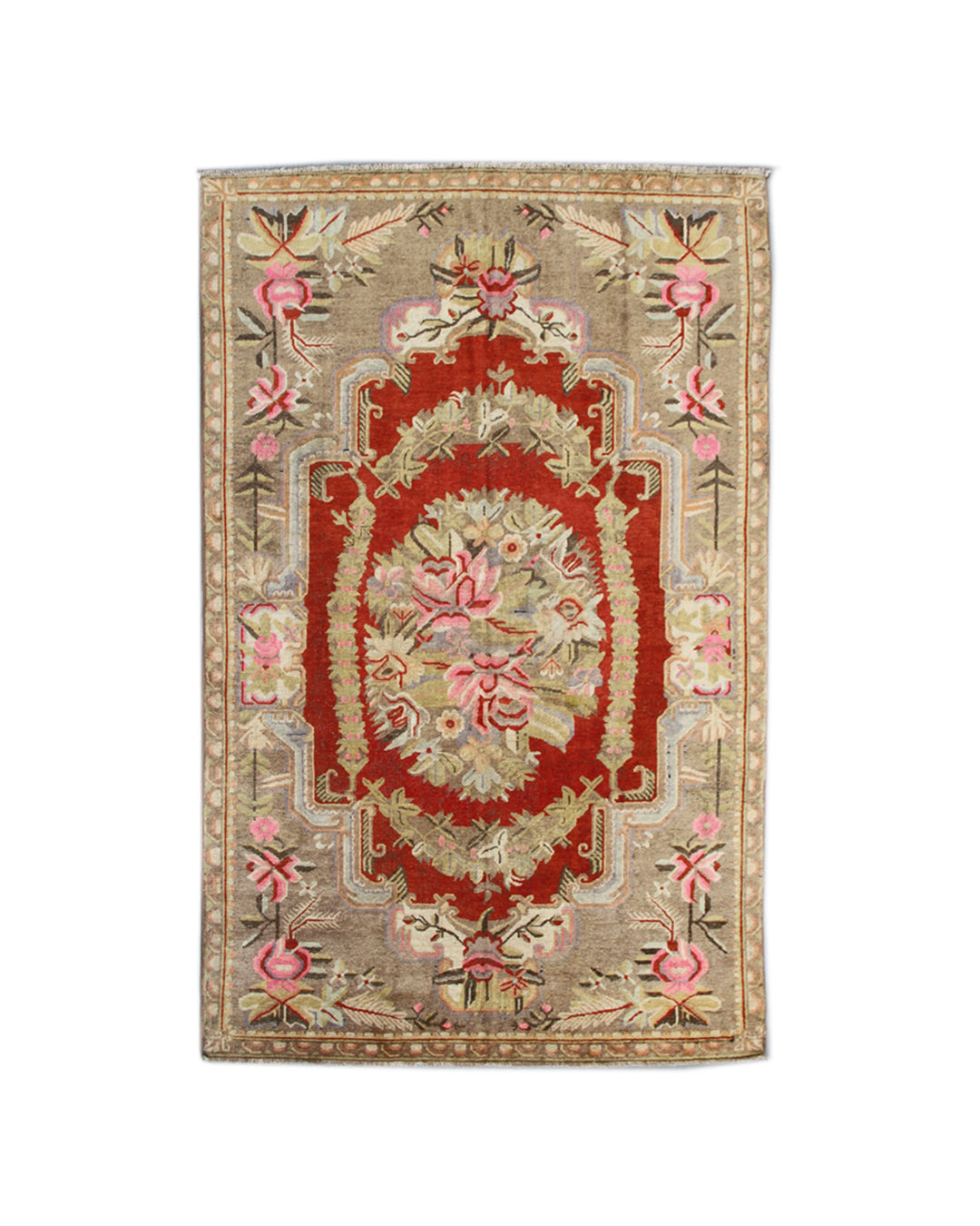 5x9 vintage Samarkand Yarkand hand-knotted wool area rug featuring an Arts and Crafts botanical design in soft pink, red, brown, and beige by Ariana Rugs.