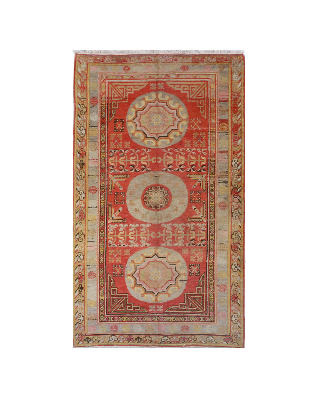 Authentic 5x9 vintage Samarkand Khotan hand-knotted wool rug featuring three medallions and Chinese cloudband borders on an orange-red background by Ariana Rugs.