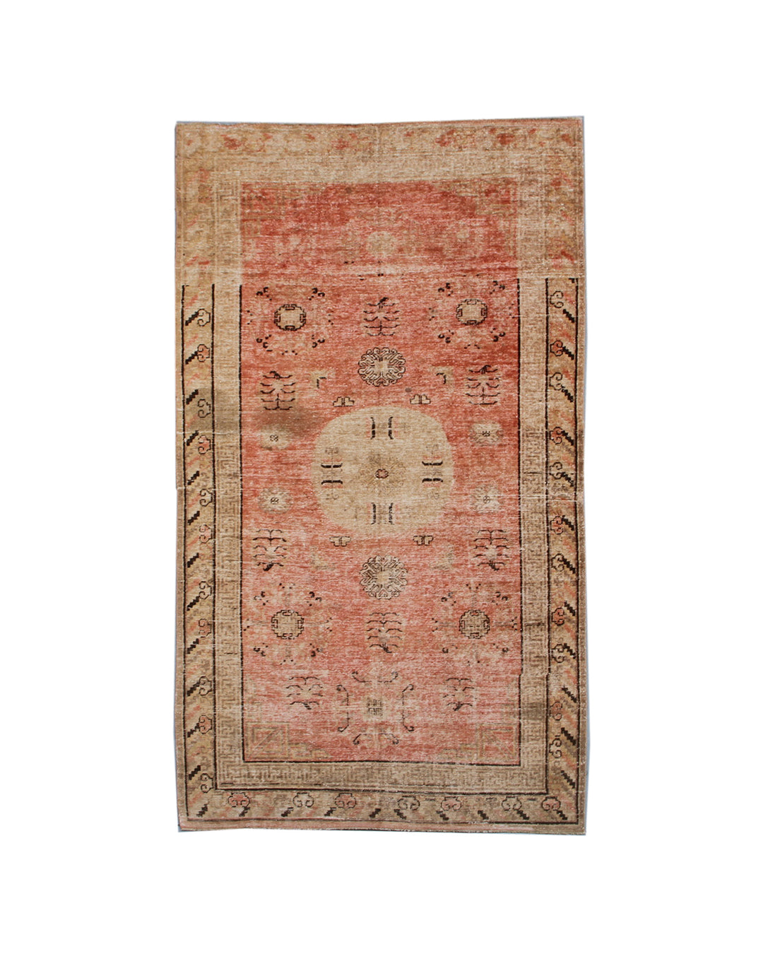 Image Alt Text: Authentic 5x9 vintage Samarkand wool area rug featuring ivory octagonal medallions on a faded red background with cloud band borders by Ariana Rugs.