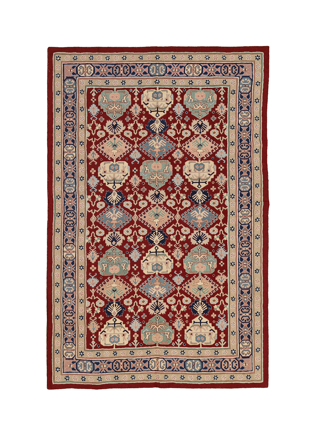 Decorative rug with intricate patterns on a white background