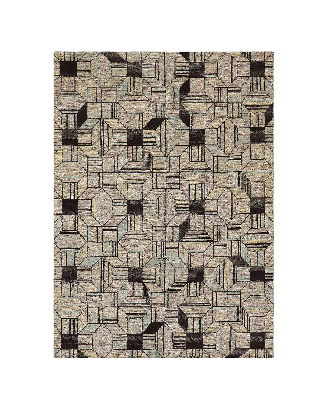 Geometric patterned rug with black and beige design on a white background
