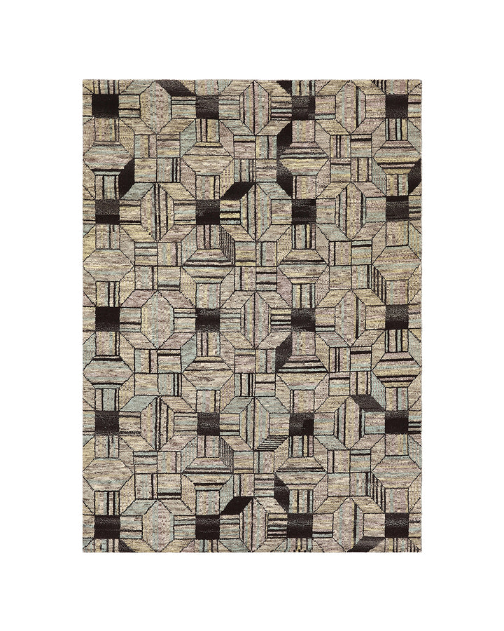 Geometric patterned rug with black and beige design on a white background