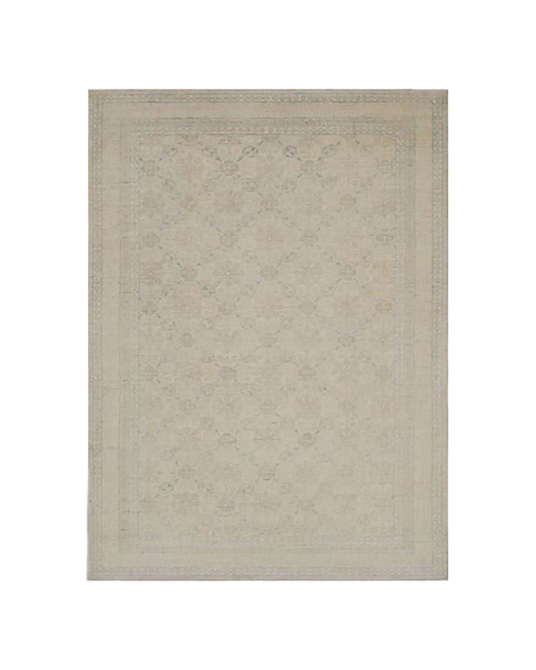 6’x9’ Ariana Transitional Hand-Knotted Wool Rug – Tans & Blues, Semi-Geometric Design