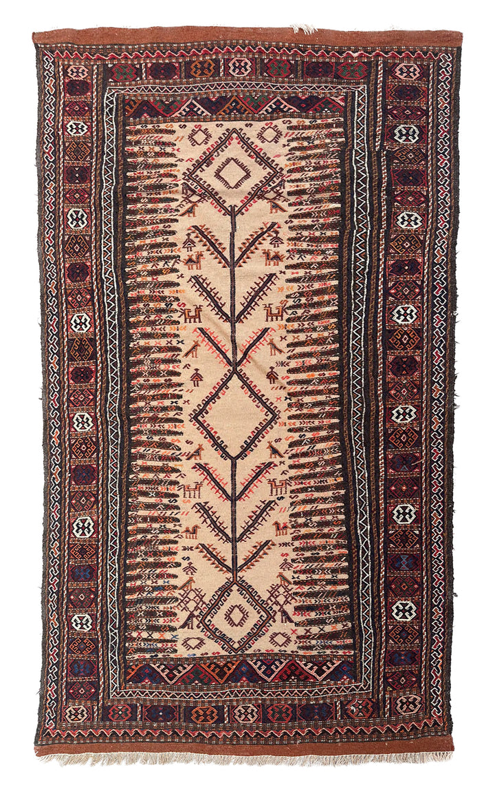 4'x6' Camel, Red, Blue Persian Qutchan Baluch Sofreh Woven Kilim