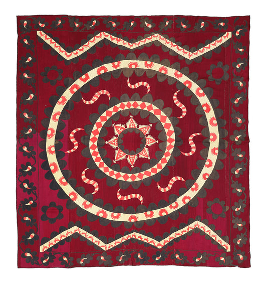 Beautiful Burgundy Medalion Uzbek Tapestry Embroidered Textile