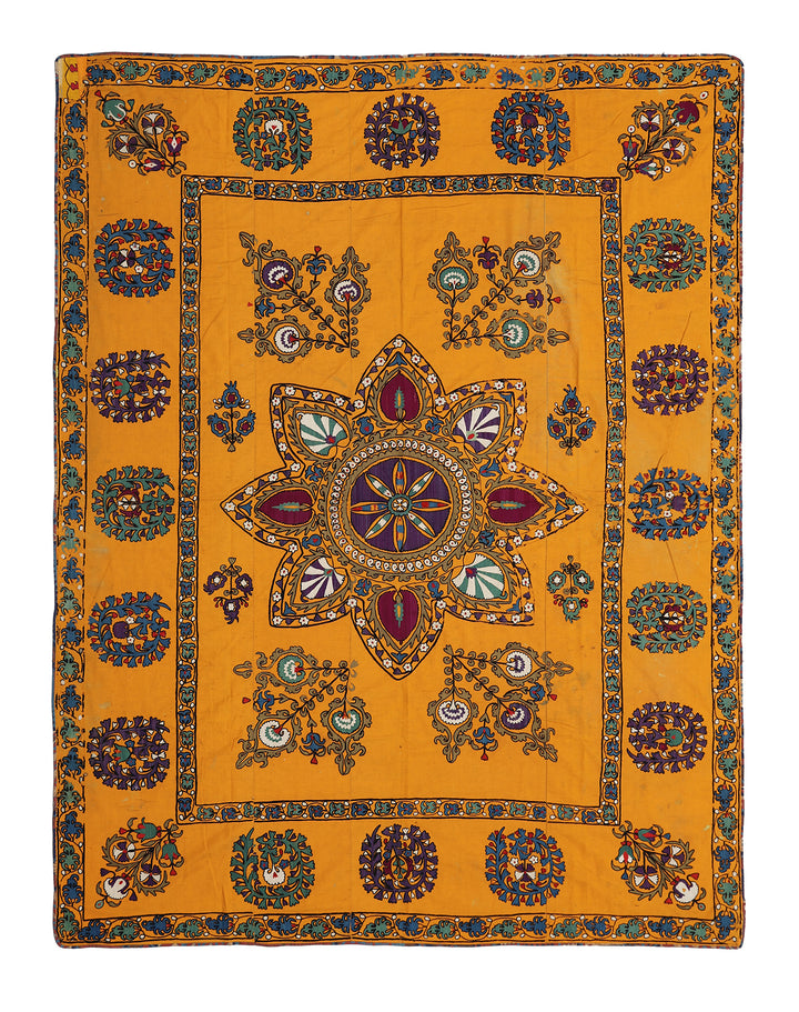 7'x8' Vintage Yellow Uzbek Samarkand Suzani Tapestry