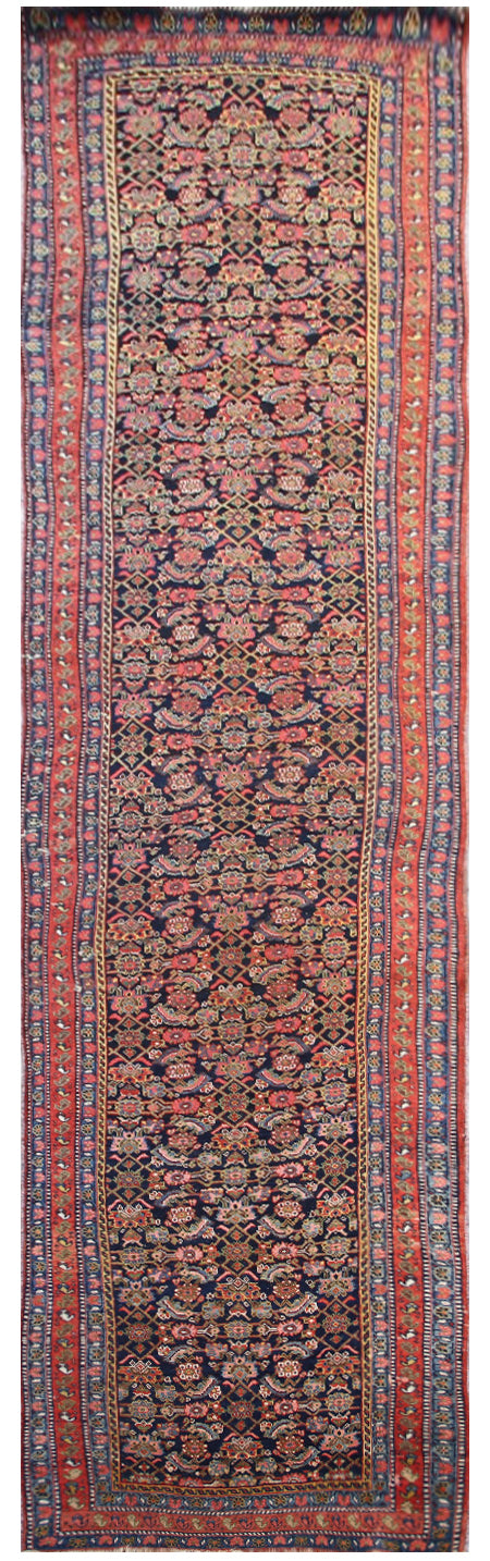 4'x18' Vintage Persian Long Floral Red Navy Runner Rug