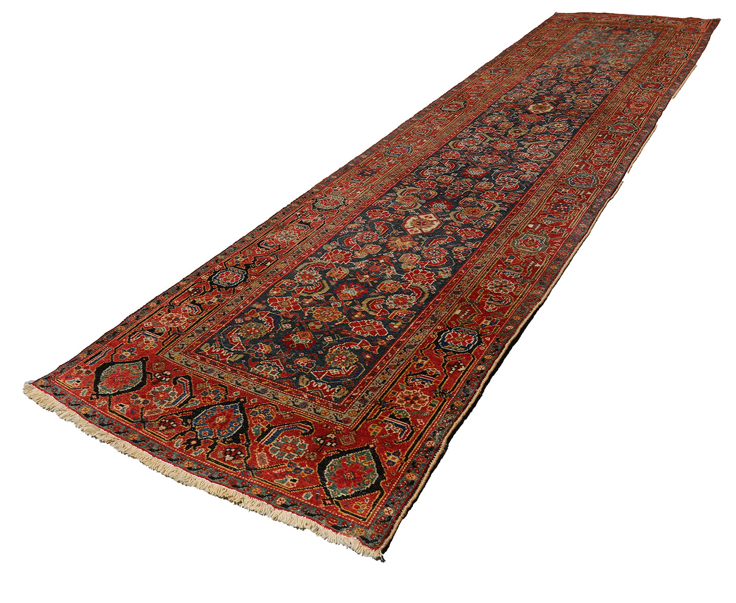 4'x15' Rare Teal Blue and Red Antique Persian Malayer Runner Rug