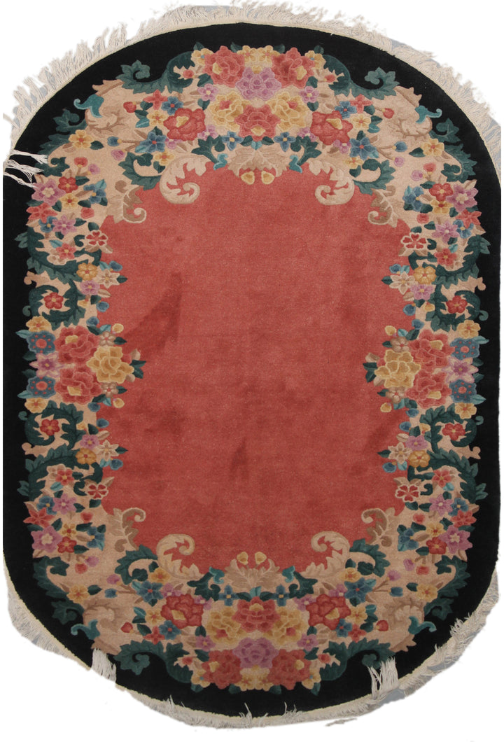 5'x7' Oval Red and Black Floral Chinese Art Deco Rug