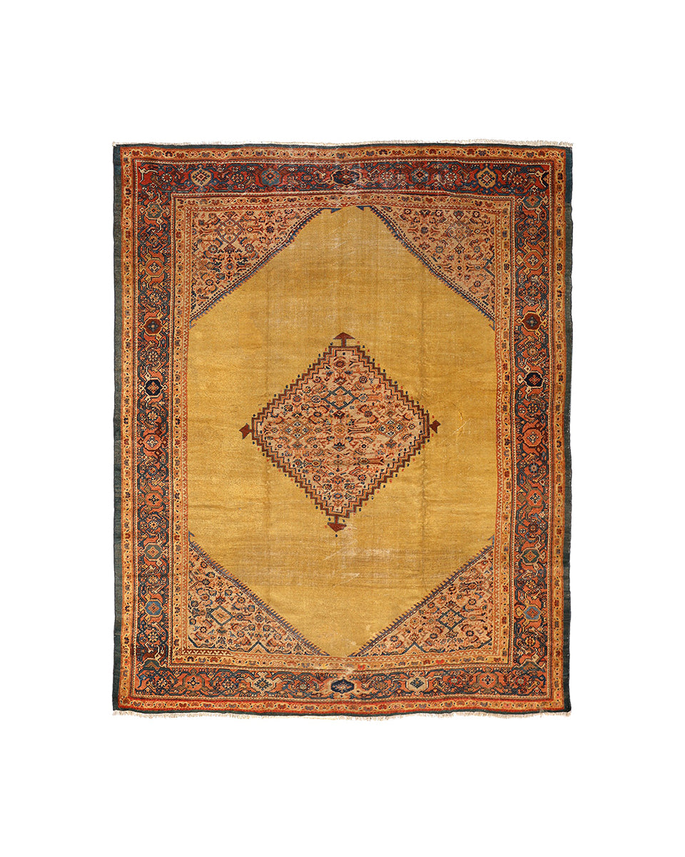 Decorative rug with a central diamond pattern on a white background