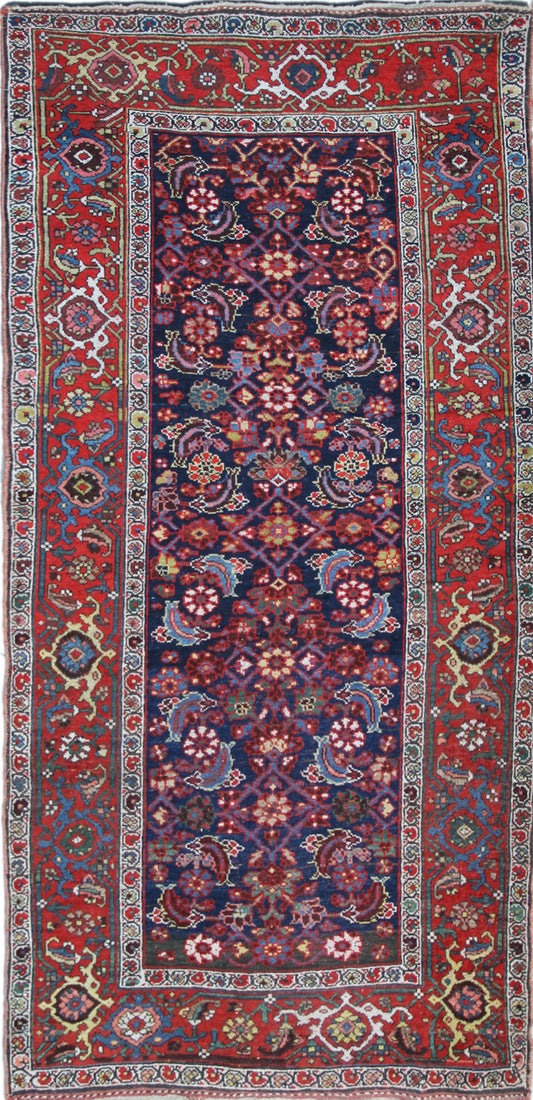 4'x8' Blue Red Border Herati Design Vintage Persian Runner Rug