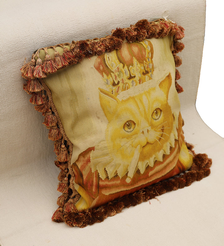 2'x2' Handwoven Aubusson Style Pictorial Pillow – Smoking Cat with Crown