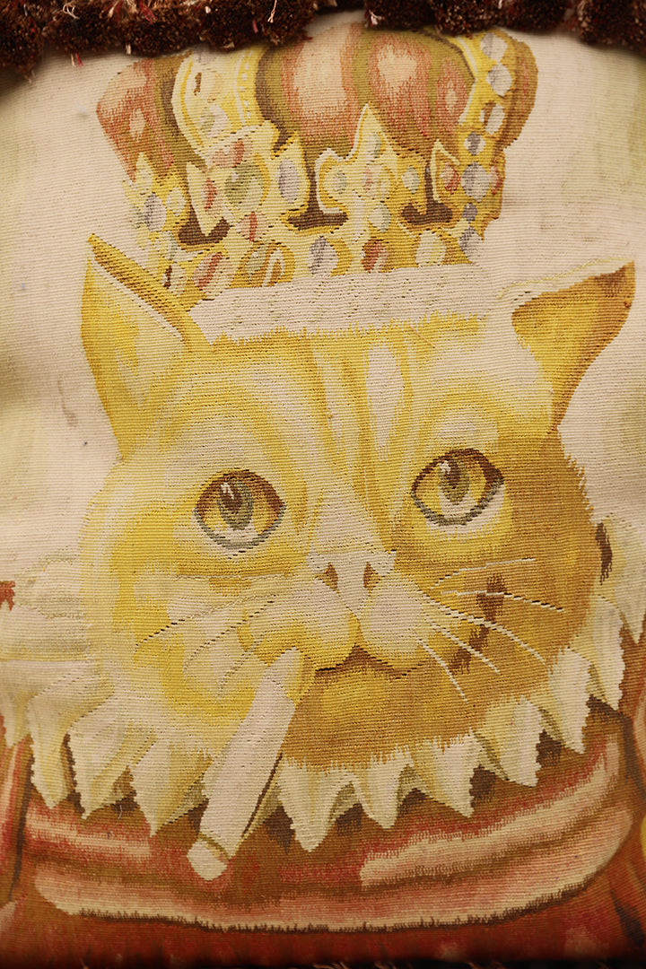 2'x2' Handwoven Aubusson Style Pictorial Pillow – Smoking Cat with Crown