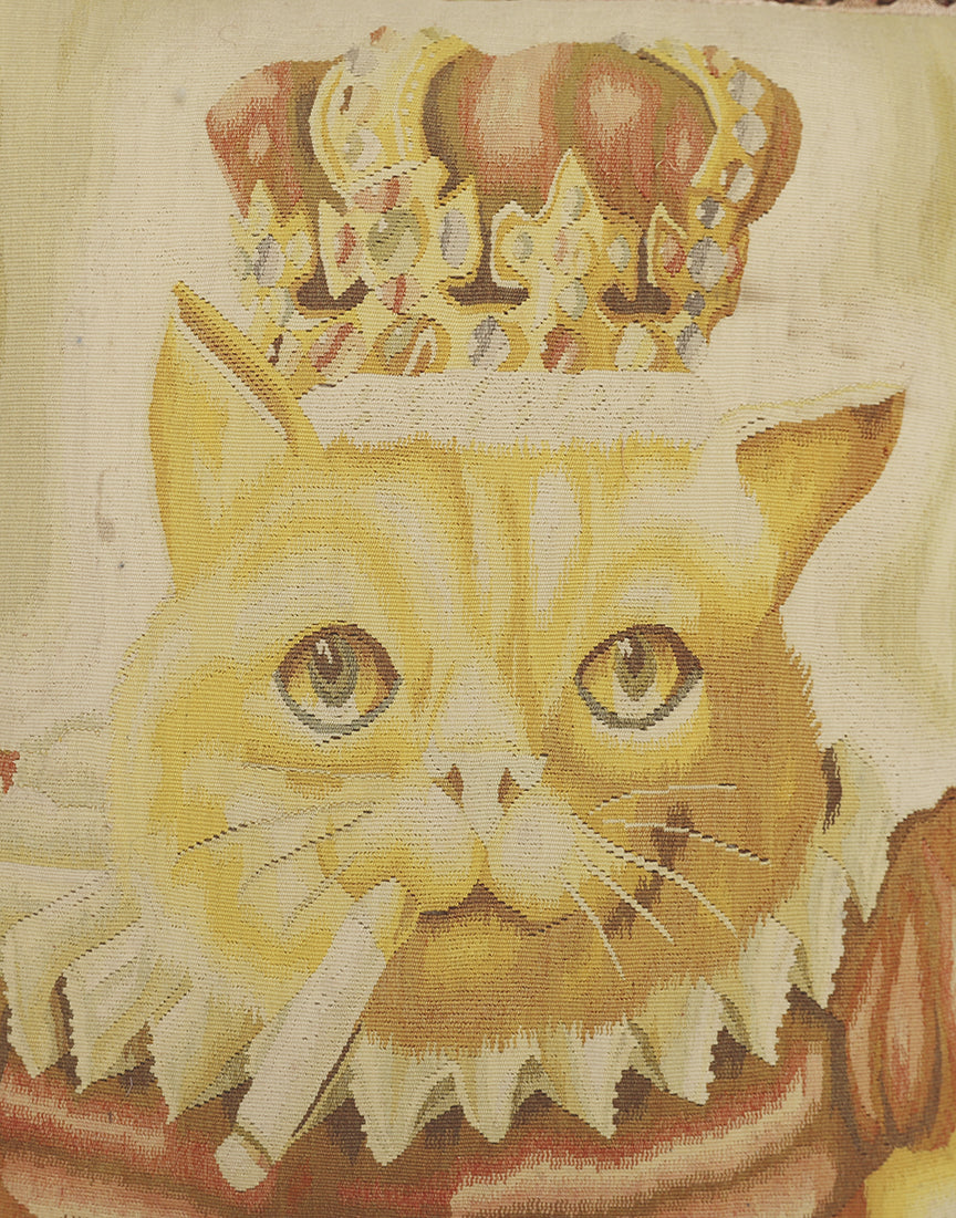 2'x2' Handwoven Aubusson Style Pictorial Pillow – Smoking Cat with Crown