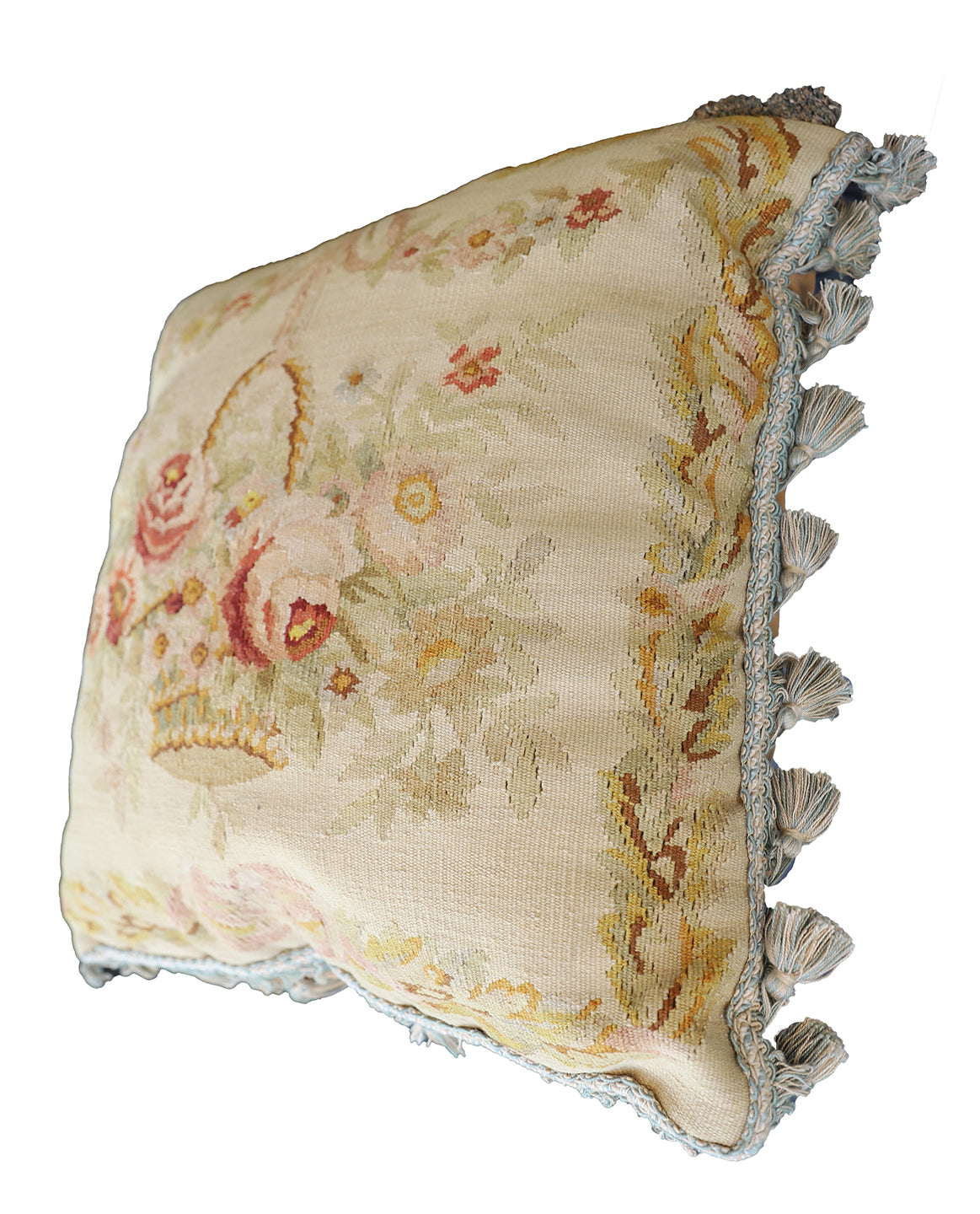 20"x20" Hand-woven Wool Aubusson Weave Pillow with a Flower Basket Design