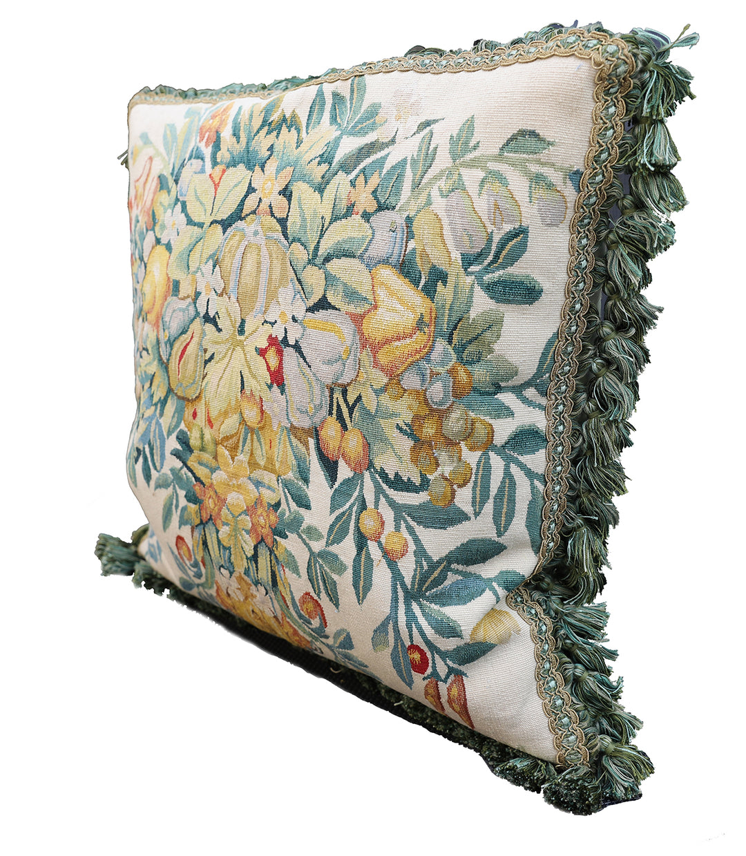 20"x20" Fine Wool and Silk Blend Aubusson Weave Blue Gold Fruit Tree Design Pillowcase