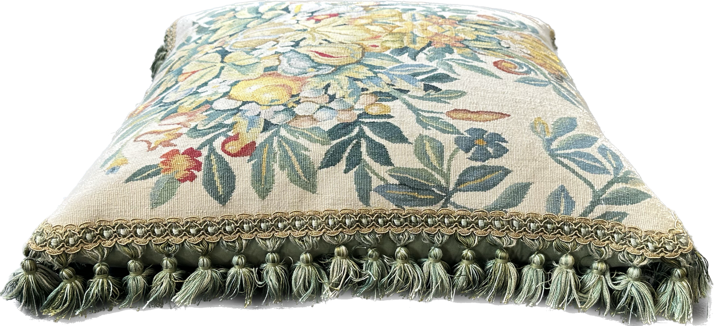 20" x 20" Very Fine Wool and Silk Blend Aubusson Weave Blue Gold Fruit Tree Design Pillow