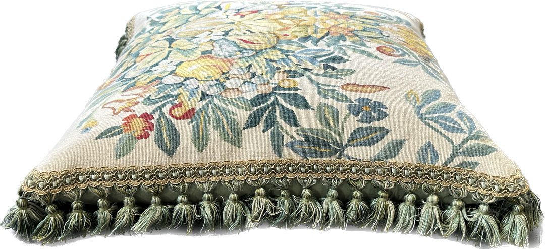 20"x20" Fine Wool and Silk Blend Aubusson Weave Blue Gold Fruit Tree Design Pillowcase