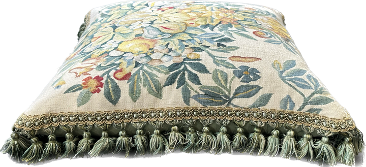 20"x20" Fine Wool and Silk Blend Aubusson Weave Blue Gold Fruit Tree Design Pillowcase