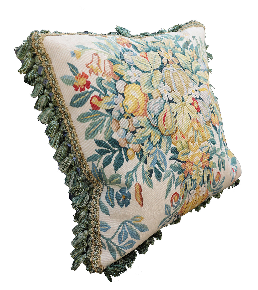 20"x20" Fine Wool and Silk Blend Aubusson Weave Blue Gold Fruit Tree Design Pillowcase