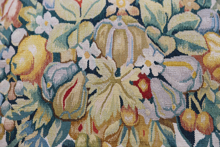 20"x20" Fine Wool and Silk Blend Aubusson Weave Blue Gold Fruit Tree Design Pillowcase