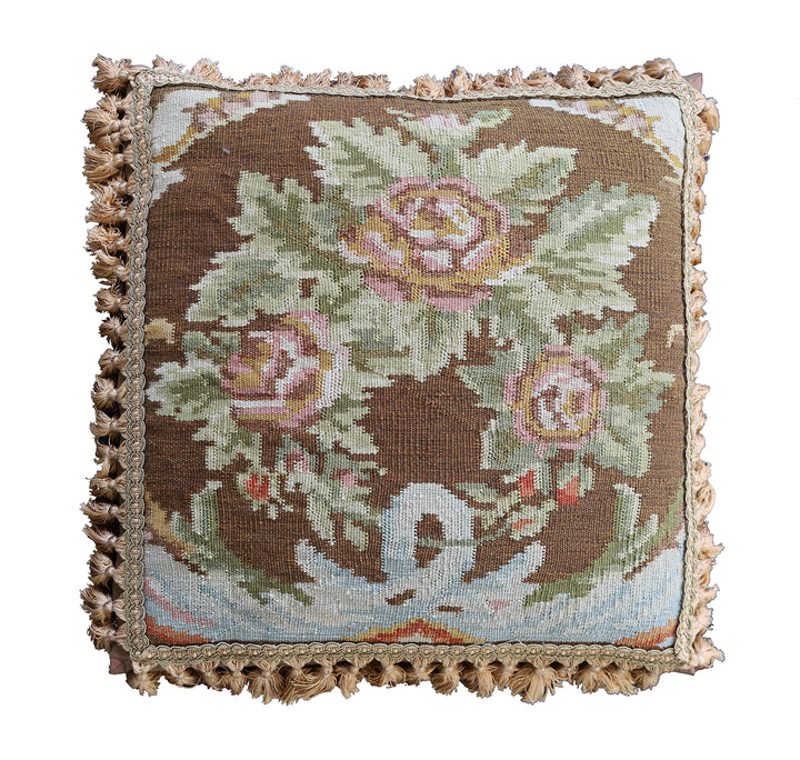 2'x2' Brown Wool Floral Aubusson Pillowcase with Golden Brown Tassels