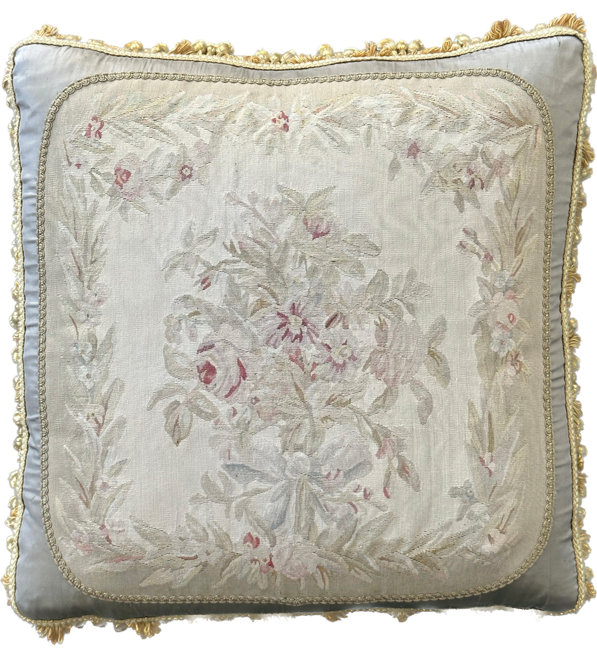 23" x 23" Gray Silver Beige Floral Silk Aubusson Pillow