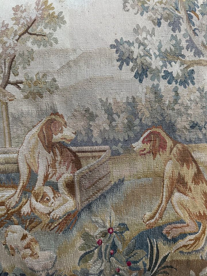 22" x 22" Cream Beige and Gray Dog Illustration Aubusson Silk Pillowcase