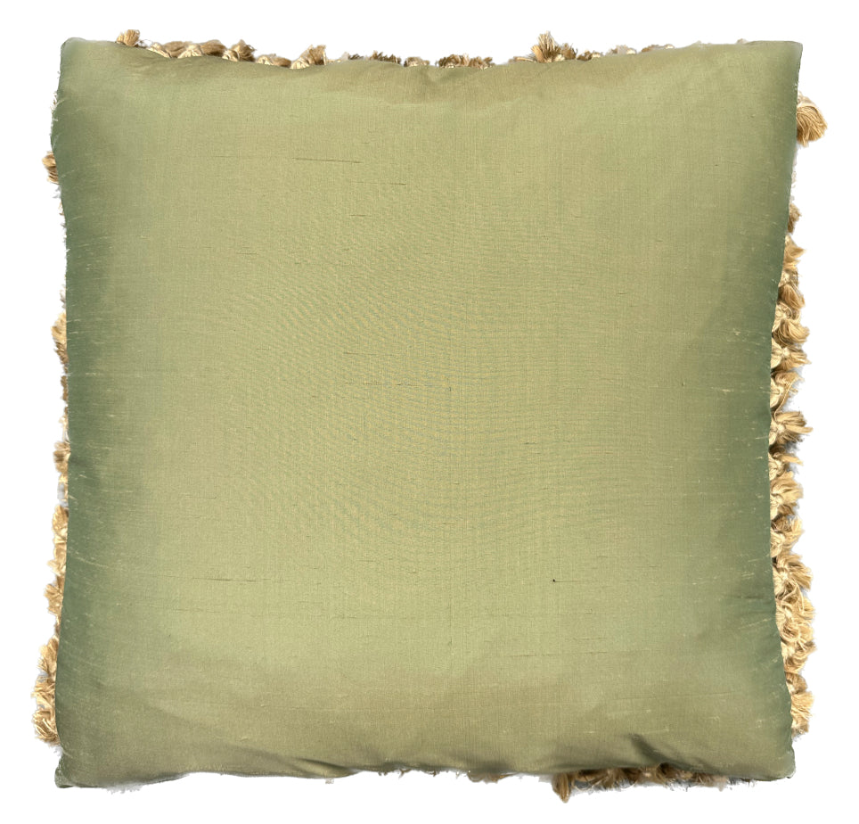 20"x20" Green and Gold Nature Scenery Silk and Wool Aubusson Pillowcase