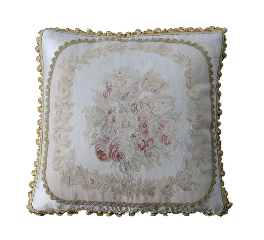 23"x23" Ivory and Gold Floral Silk Aubusson Pillow Case