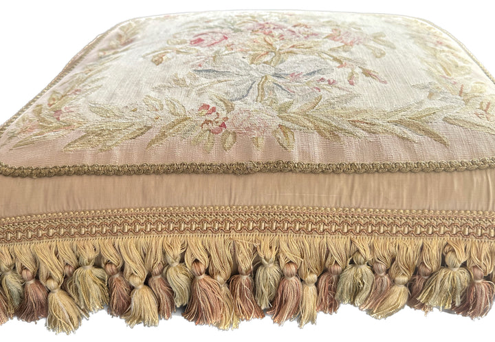 24" x 24" Beige and Cream Pink Floral Aubusson Style Silk Pillowcase