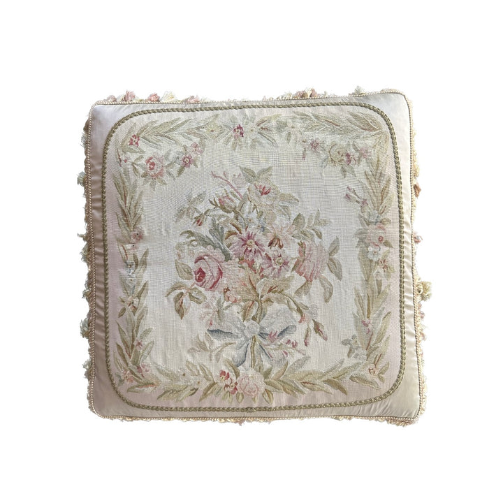 24" x 24" Beige and Cream Pink Floral Aubusson Style Silk Pillowcase