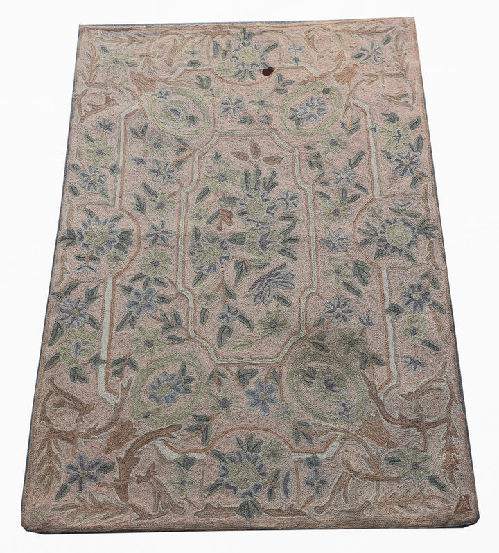 2'x4' Pink Floral Area Rug | Indian Chainstitched Rug