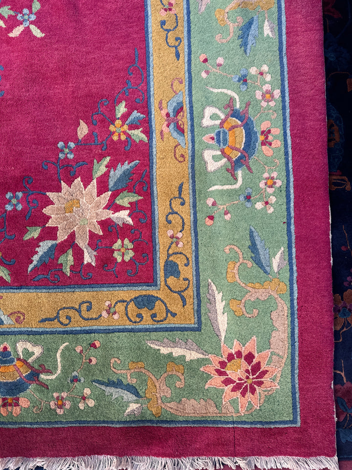 10'x13' Vintage Chinese Art Deco Rug | Pink & Green Rug