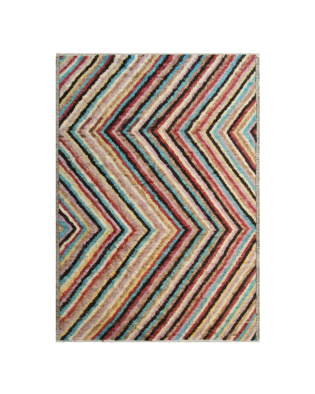 Hand-crafted 8'9" x 6'5" Moroccan Barchi wool area rug with vibrant turquoise, red, yellow, and pink chevron zigzag stripes.