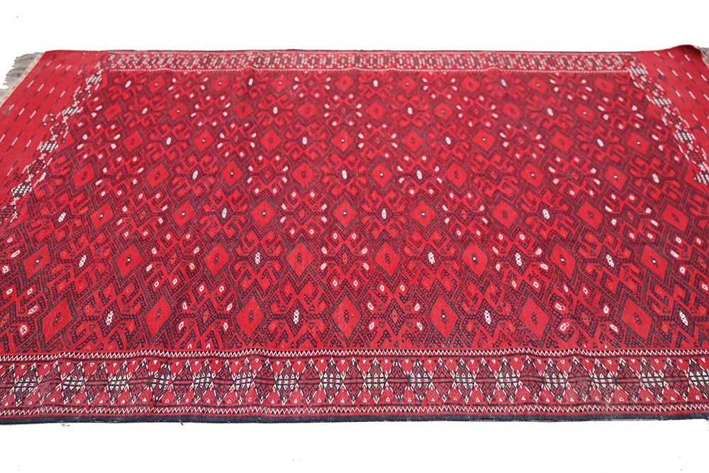 6'x10' Antique Afghan Turkmen Jajim Nomad Kilim | Red & Navy Geometric Flatweave