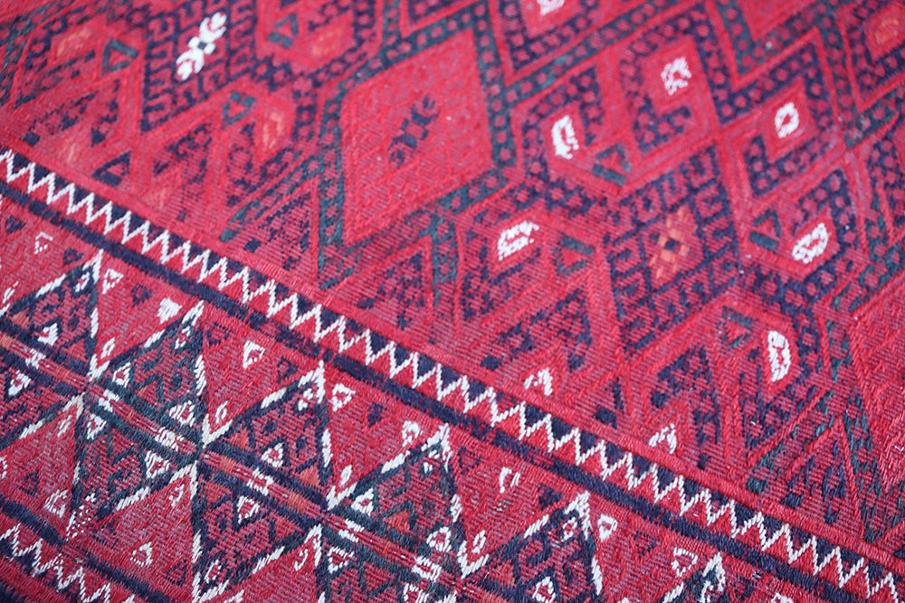 6'x10' Antique Afghan Turkmen Jajim Nomad Kilim | Red & Navy Geometric Flatweave