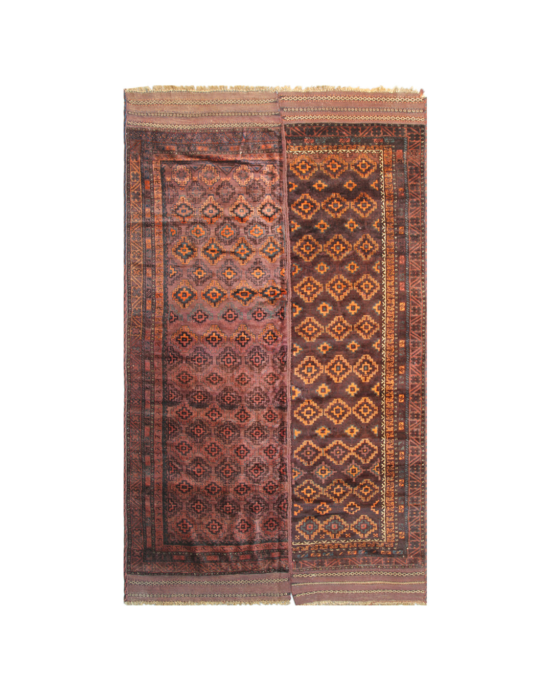 Vintage Baluch tribal area rug 6x10 with geometric pattern in purple, pink, orange, blue, hand-knotted in two pieces