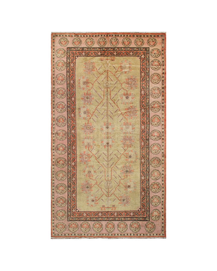 Decorative rug with intricate patterns on a beige background