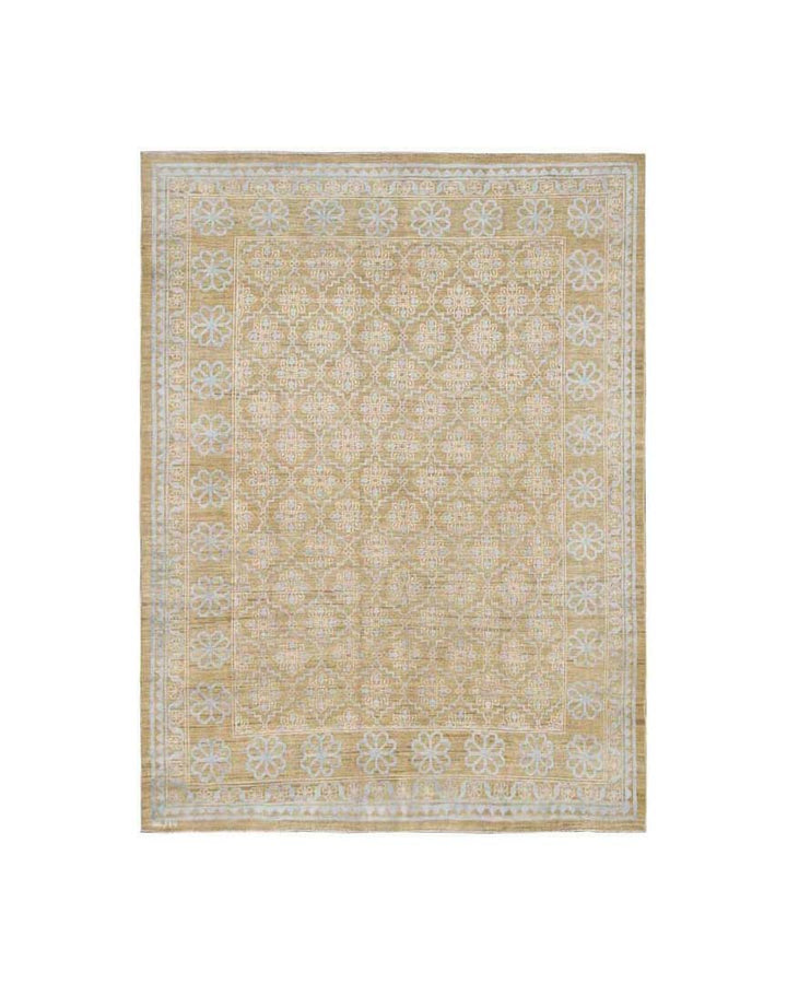 6x8 Ariana Samarkand Rug | Gold and Blue Geometric Area Rug | 6x8 Unique Hand-Knotted Silk Road Design | One of a Kind Luxury Transitional Rug