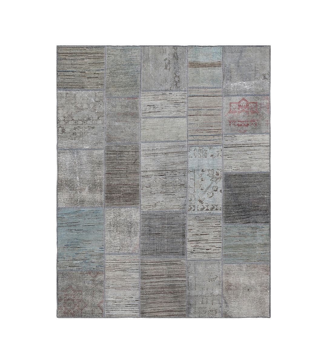 Patchwork rug with gray and blue tones on a white background