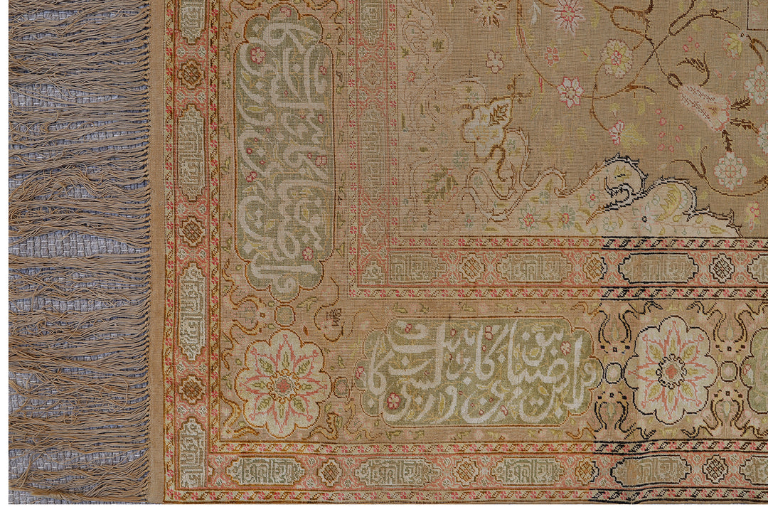 6'x9' Antique Kayseri Green Beige Silk Rug with Medallion Field