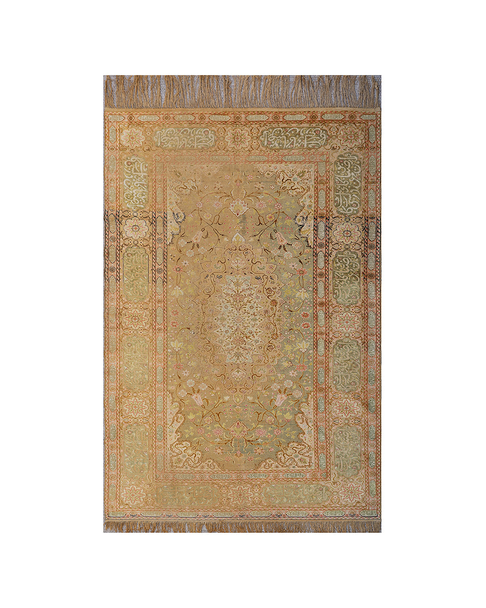 Decorative rug with intricate patterns on a beige background