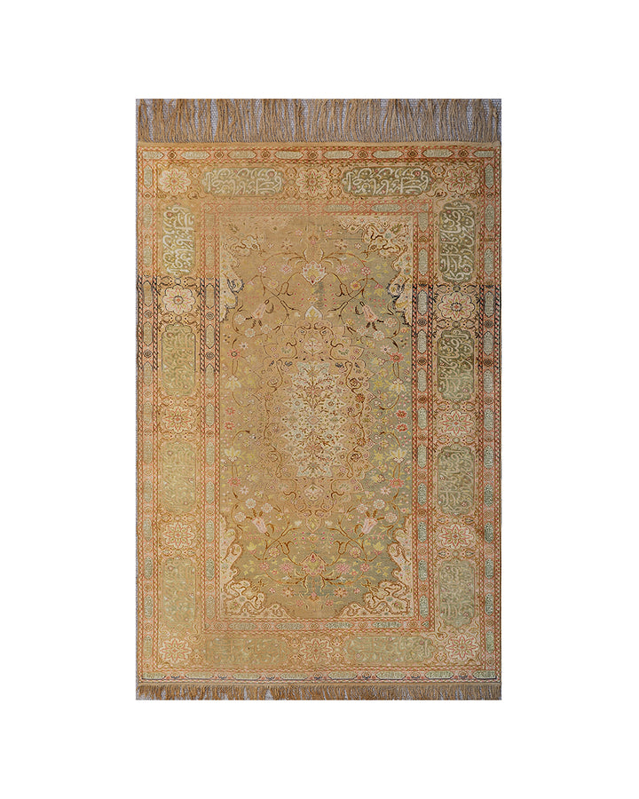 Decorative rug with intricate patterns on a beige background